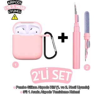 Airpods 1. ve 2. Nesil Uyumlu Pembe Silikon Kılıf ve Pembe 3'ü 1 Arada Kulaklık Temizleme Kalemi Ikili Set