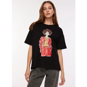 Bisiklet Yaka Baskılı Siyah Kadın T-Shirt F3WL-TST3