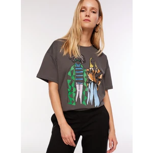 Bisiklet Yaka Baskılı Antrasit Kadın T-Shirt F3WL-TST8