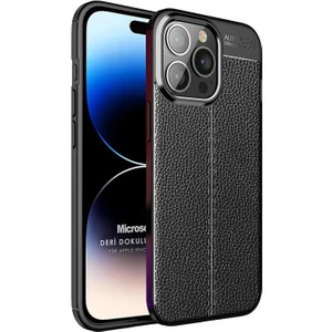 Apple iPhone 15 Pro Max Kılıf Deri Dokulu Silikon Siyah