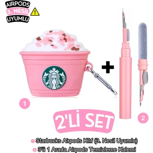 3. Nesil Uyumlu Pembe Starbucks Kılıf ve Pembe 3'ü 1 Arada Bluetooth Kulaklık Temizleme Kalemi Seti
