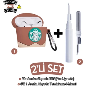 Pro Uyumlu Kahverengi Starbucks Kılıf ve Beyaz 3'ü 1 Arada Bluetooth Kulaklık Temizleme Kalemi Set