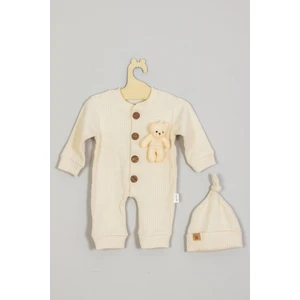 Ada Bebek Çocuk Adabebek %100 Pamuk Ahşap Düğmeli Ayıcıklı Fitilli Tarz Şapkalı Bebek Tulum