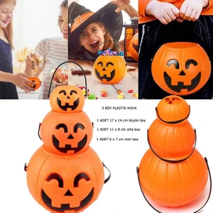 Halloween Saplı Balkabağı Plastik Şeker Toplama Kovası 3 Boy 3 Adet