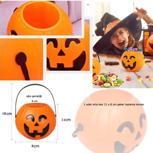 Halloween Saplı Balkabağı Plastik Şeker Toplama Kovası Orta 11X8 cm 1 Adet
