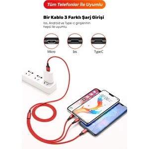 Huawei Xiaomi Samsung Iphone Uyumlu 5A Örgü Hasır Çoklu Şarj Kablosu Type-C Micro Lightning