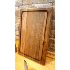 F&S WoodArt MAsif Tek Parça Koyu Ceviz Rengi Ahşap Küçük Boy Kesme Sunum Et Oluklu Doğrama Tahtası 30 x 20 cm