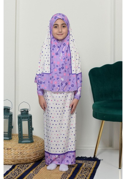 Çocuk Namaz Takımı Pratik Iki Parça Desenli Kollu Tak Çıkar Başörtülü Likralı Tesettür Elbise (6-12 Yaş) 901-0401