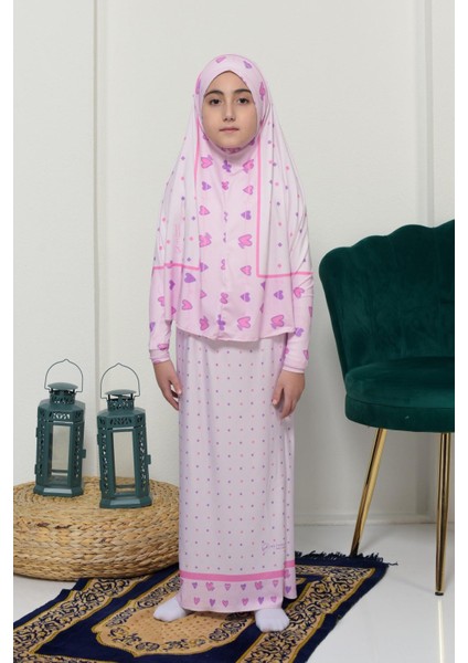 Çocuk Namaz Takımı Pratik Iki Parça Desenli Kollu Tak Çıkar Başörtülü Likralı Tesettür Elbise (6-12 Yaş) 901-0201