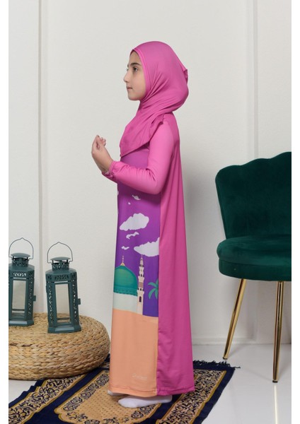 Çocuk Namaz Takımı Pratik Tek Parça Desenli Kollu Tak Çıkar Başörtülü Likralı Tesettür Elbise (6-12 Yaş) 925-0301