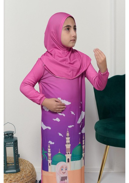 Çocuk Namaz Takımı Pratik Tek Parça Desenli Kollu Tak Çıkar Başörtülü Likralı Tesettür Elbise (6-12 Yaş) 925-0301