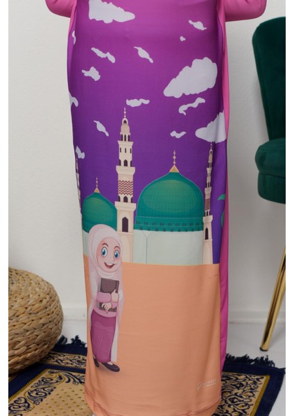 Çocuk Namaz Takımı Pratik Tek Parça Desenli Kollu Tak Çıkar Başörtülü Likralı Tesettür Elbise (6-12 Yaş) 925-0301