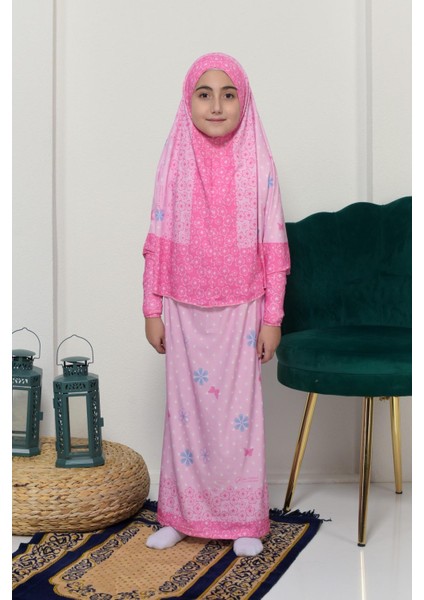 Çocuk Namaz Takımı Pratik Iki Parça Desenli Kollu Tak Çıkar Başörtülü Likralı Tesettür Elbise (6-12 Yaş) 901-0102