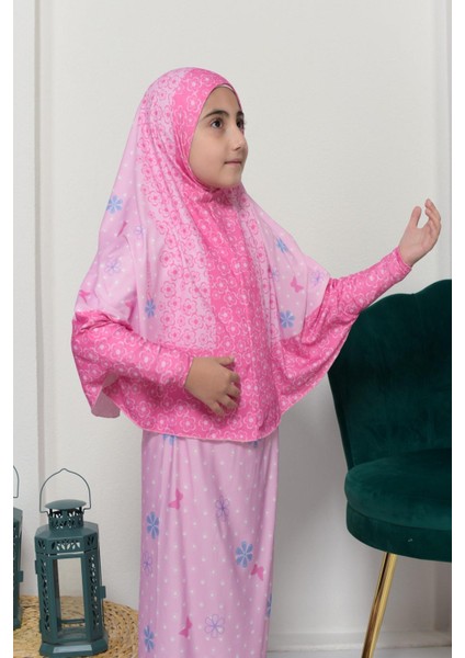 Çocuk Namaz Takımı Pratik Iki Parça Desenli Kollu Tak Çıkar Başörtülü Likralı Tesettür Elbise (6-12 Yaş) 901-0102