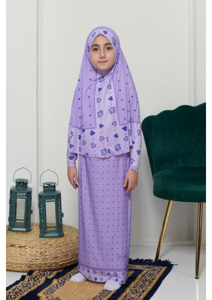Çocuk Namaz Takımı Pratik Iki Parça Desenli Kollu Tak Çıkar Başörtülü Likralı Tesettür Elbise (6-12 Yaş) 901-0201 indirimleri