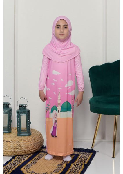 Çocuk Namaz Takımı Pratik Tek Parça Desenli Kollu Tak Çıkar Başörtülü Likralı Tesettür Elbise (6-12 Yaş) 925-0301