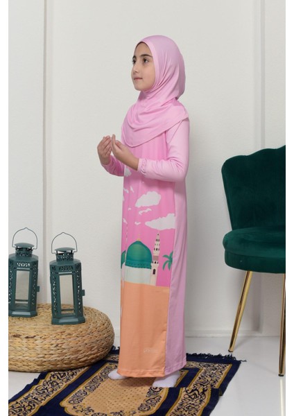 Çocuk Namaz Takımı Pratik Tek Parça Desenli Kollu Tak Çıkar Başörtülü Likralı Tesettür Elbise (6-12 Yaş) 925-0301 fiyatları