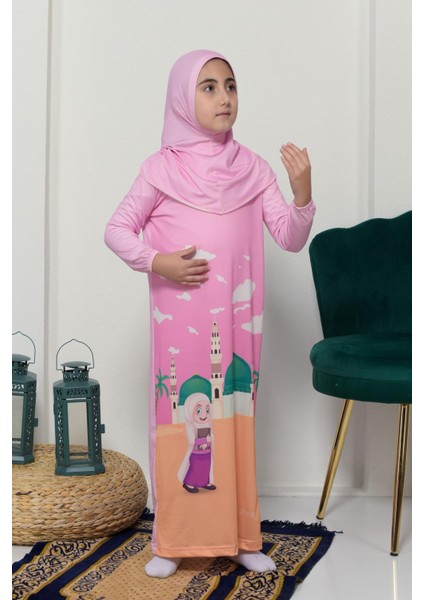 Çocuk Namaz Takımı Pratik Tek Parça Desenli Kollu Tak Çıkar Başörtülü Likralı Tesettür Elbise (6-12 Yaş) 925-0301 fırsatları