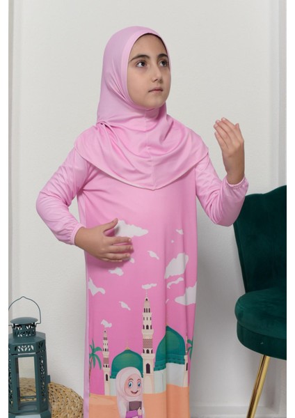 Çocuk Namaz Takımı Pratik Tek Parça Desenli Kollu Tak Çıkar Başörtülü Likralı Tesettür Elbise (6-12 Yaş) 925-0301 indirimleri
