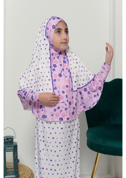 Çocuk Namaz Takımı Pratik Iki Parça Desenli Kollu Tak Çıkar Başörtülü Likralı Tesettür Elbise (6-12 Yaş) 901-0401 fırsatları