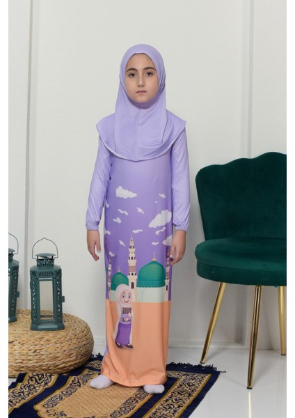 Çocuk Namaz Takımı Pratik Tek Parça Desenli Kollu Tak Çıkar Başörtülü Likralı Tesettür Elbise (6-12 Yaş) 925-0301