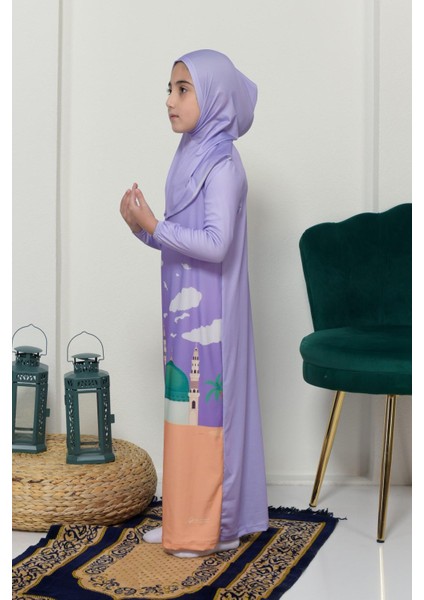 Çocuk Namaz Takımı Pratik Tek Parça Desenli Kollu Tak Çıkar Başörtülü Likralı Tesettür Elbise (6-12 Yaş) 925-0301 fiyatları