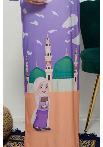 Çocuk Namaz Takımı Pratik Tek Parça Desenli Kollu Tak Çıkar Başörtülü Likralı Tesettür Elbise (6-12 Yaş) 925-0301 indirimleri