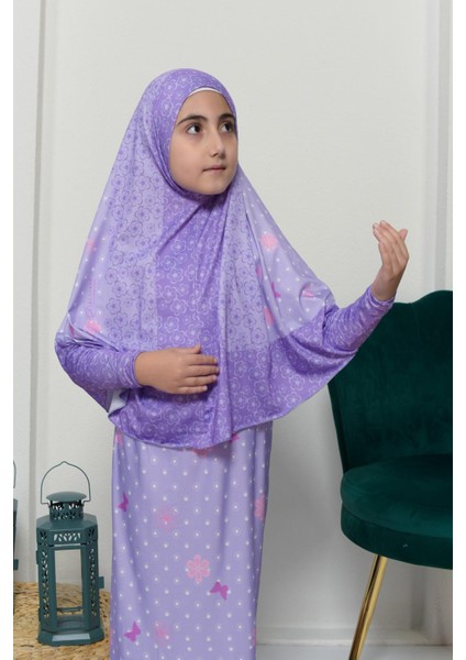 Çocuk Namaz Takımı Pratik Iki Parça Desenli Kollu Tak Çıkar Başörtülü Likralı Tesettür Elbise (6-12 Yaş) 901-0102 fırsatları