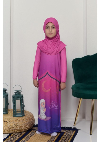 Çocuk Namaz Takımı Pratik Tek Parça Desenli Kollu Tak Çıkar Başörtülü Likralı Tesettür Elbise (6-12 Yaş) 925-0201