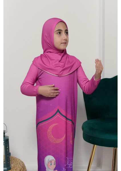 Çocuk Namaz Takımı Pratik Tek Parça Desenli Kollu Tak Çıkar Başörtülü Likralı Tesettür Elbise (6-12 Yaş) 925-0201 fırsatları