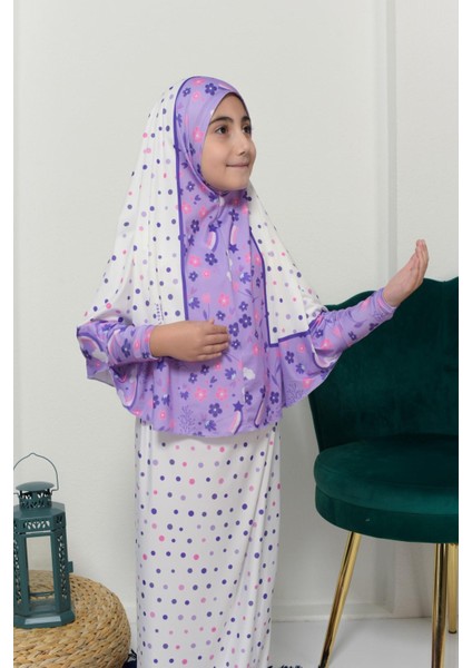 Çocuk Namaz Takımı Pratik Iki Parça Desenli Kollu Tak Çıkar Başörtülü Likralı Tesettür Elbise (6-12 Yaş) 901-0401 fırsatları