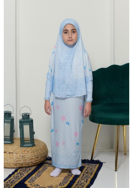 Çocuk Namaz Takımı Pratik Iki Parça Desenli Kollu Tak Çıkar Başörtülü Likralı Tesettür Elbise (6-12 Yaş) 901-0102