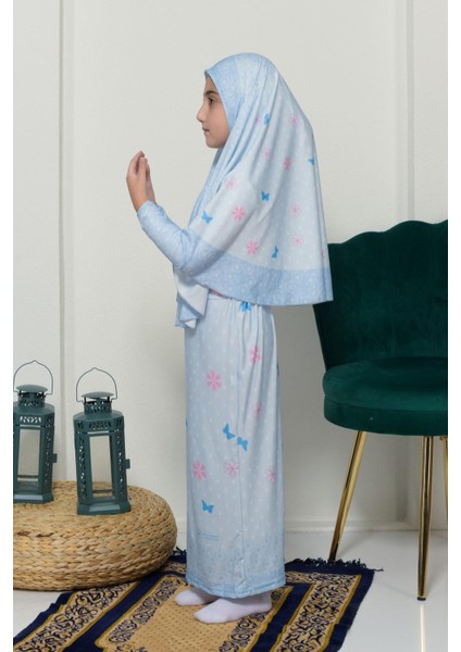 Çocuk Namaz Takımı Pratik Iki Parça Desenli Kollu Tak Çıkar Başörtülü Likralı Tesettür Elbise (6-12 Yaş) 901-0102