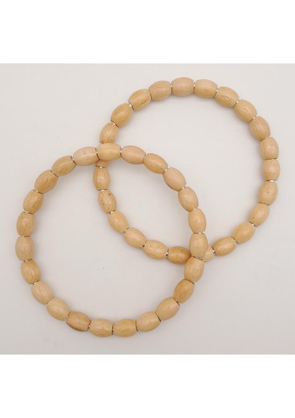 12 cm Oval Ahşap Boncuklu Bilezik Model Açık Ahşap Çift Sap