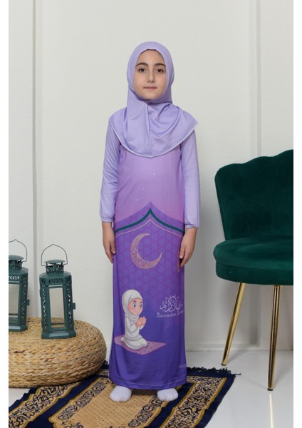 Çocuk Namaz Takımı Pratik Tek Parça Desenli Kollu Tak Çıkar Başörtülü Likralı Tesettür Elbise (6-12 Yaş) 925-0201