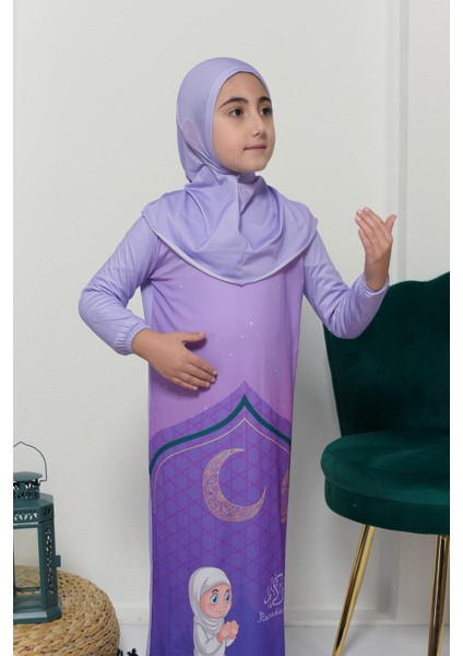 Çocuk Namaz Takımı Pratik Tek Parça Desenli Kollu Tak Çıkar Başörtülü Likralı Tesettür Elbise (6-12 Yaş) 925-0201 fırsatları