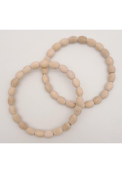 12 cm Oval Ahşap Boncuklu Bilezik Model Ham Ahşap Çift Sap