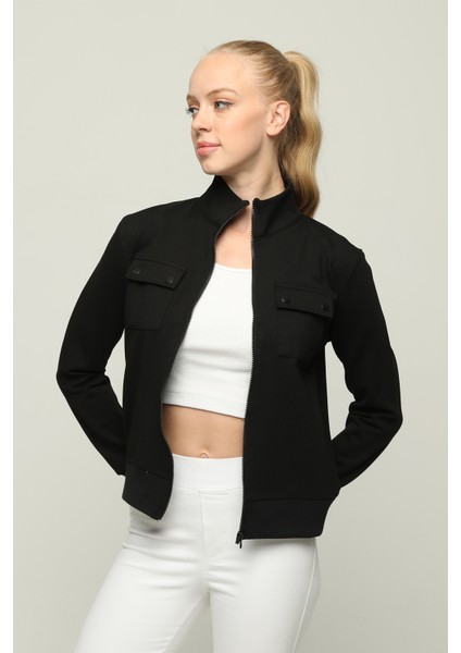 Kadın Cep Detaylı Fermuarlı Çelik Interlok Kumaş Çeket