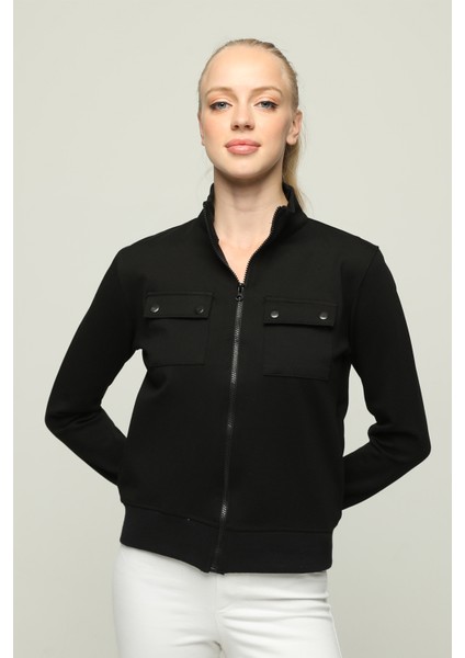 Kadın Cep Detaylı Fermuarlı Çelik Interlok Kumaş Çeket fiyatları