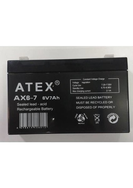 6 Volt 7 Amper Akü Atex 151X34X95