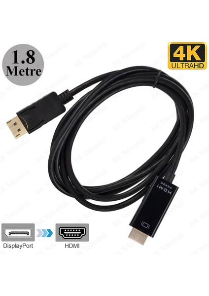 BK Teknoloji Yüksek Kalite 4K Displayport To HDMI Dönüştürücü Kablo - 1.8 Metre