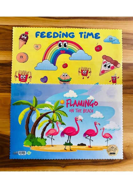Gökkuşağı ve Flamingo Figürlü 4 Adet Özel Yıkanabilir Karışık Desen Renkli Okul Masa Beslenme Örtüsü Bezi