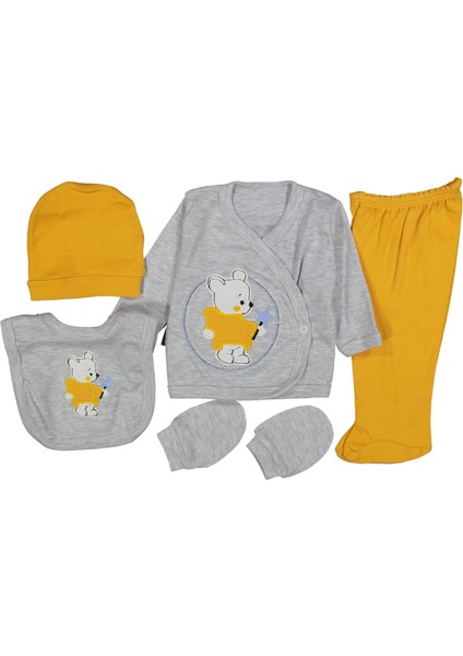 Sevimli Ayıcık Nakışlı Erkek Bebek 5 Parça Takım Sarı / Gri Renk 11674