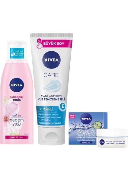 Yatıştırıcı Tonik 200 ml , Canlandırıcı Yüz Temiz Jeli 225 Ml, Yüz Bakım Kremi Aqua Sensation 50 ml