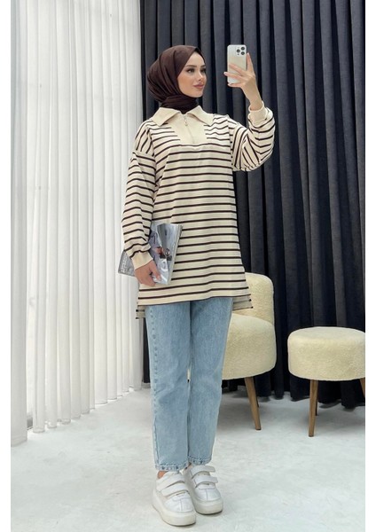 Dik Yaka Fermuarlı Çizgili Sweatshirt fiyatları