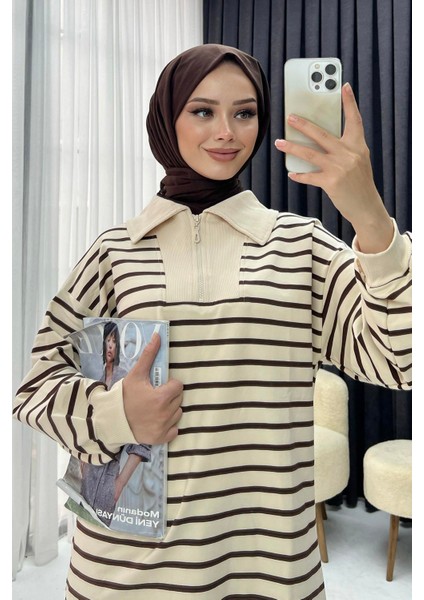 Dik Yaka Fermuarlı Çizgili Sweatshirt fırsatları
