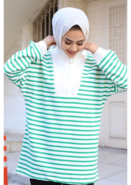 Dik Yaka Fermuarlı Çizgili Sweatshirt fiyatları