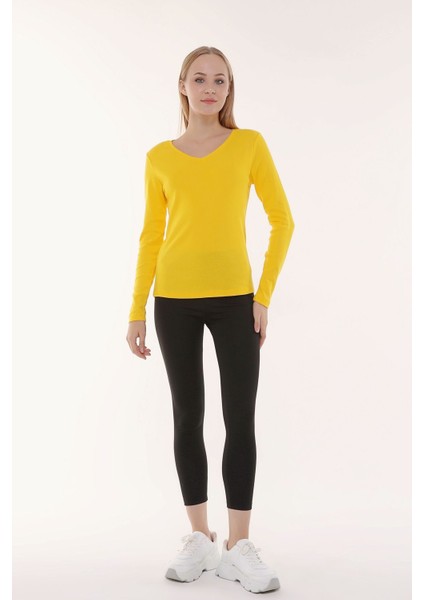 Kadın V Yaka Uzun Kollu Regular Fit Basic Tişört Sarı