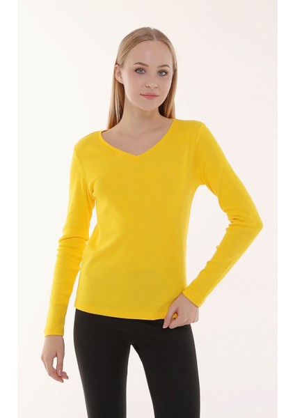 Kadın V Yaka Uzun Kollu Regular Fit Basic Tişört Sarı fiyatları
