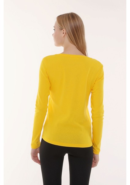 Kadın V Yaka Uzun Kollu Regular Fit Basic Tişört Sarı modelleri